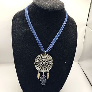 Handmade Silver Dreams navy blue lace necklace